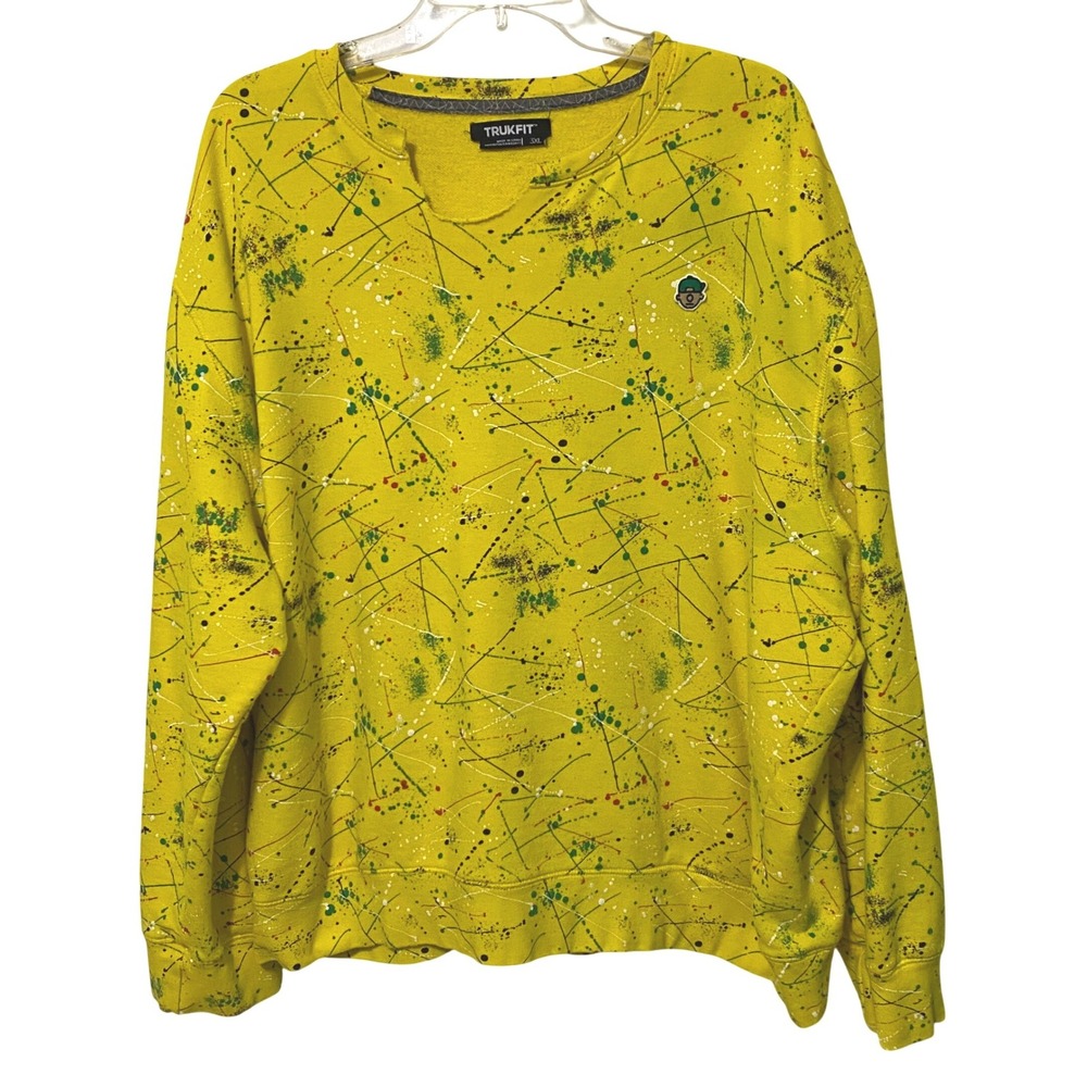 Trukfit D Splatter Yellow Ripped Crewneck Sweatshirt 3XL Hip Hop Streetwear